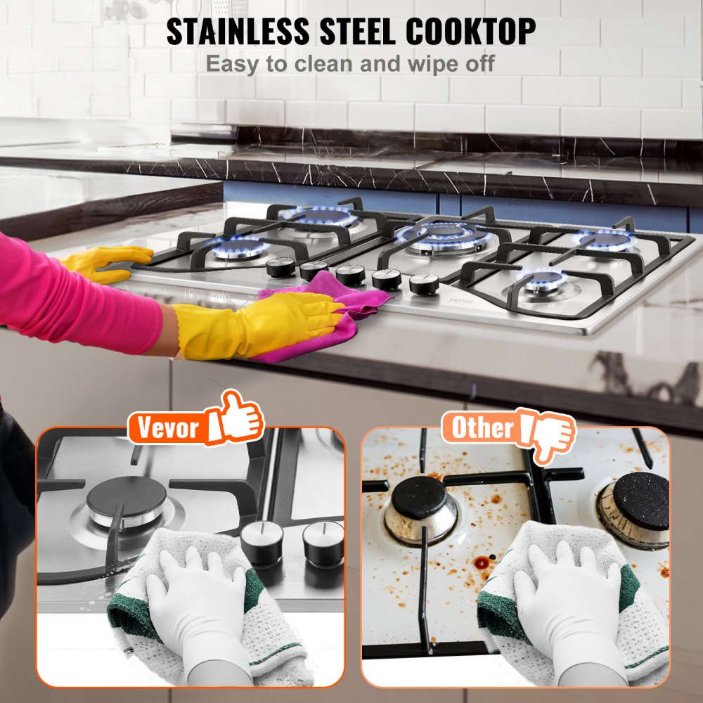 Gas Cooktop 30 inch, Max 12250BTU 5 Burners Built-in Stainless Steel Gas Stove Top, LPG/NG Convertible Dual Fuel Natural Gas Hob with Thermocouple Protection