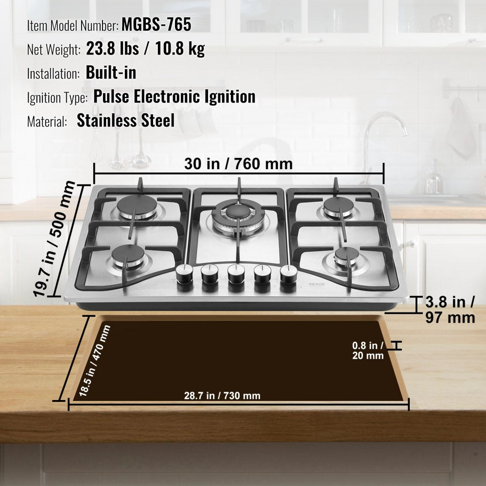 Gas Cooktop 30 inch, Max 12250BTU 5 Burners Built-in Stainless Steel Gas Stove Top, LPG/NG Convertible Dual Fuel Natural Gas Hob with Thermocouple Protection