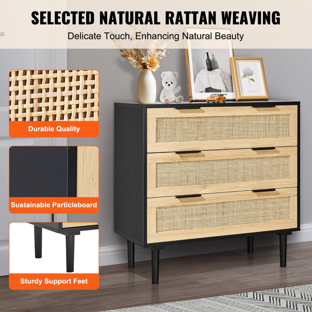 3 Drawer Rattan Dresser, Boho Dresser, Rattan Chest of Drawers with Spacious Storage, Natural Rattan Dresser for Bedroom, Living Room & Hallway,Rattan Nightstand with Sturdy Handles&Legs, Black