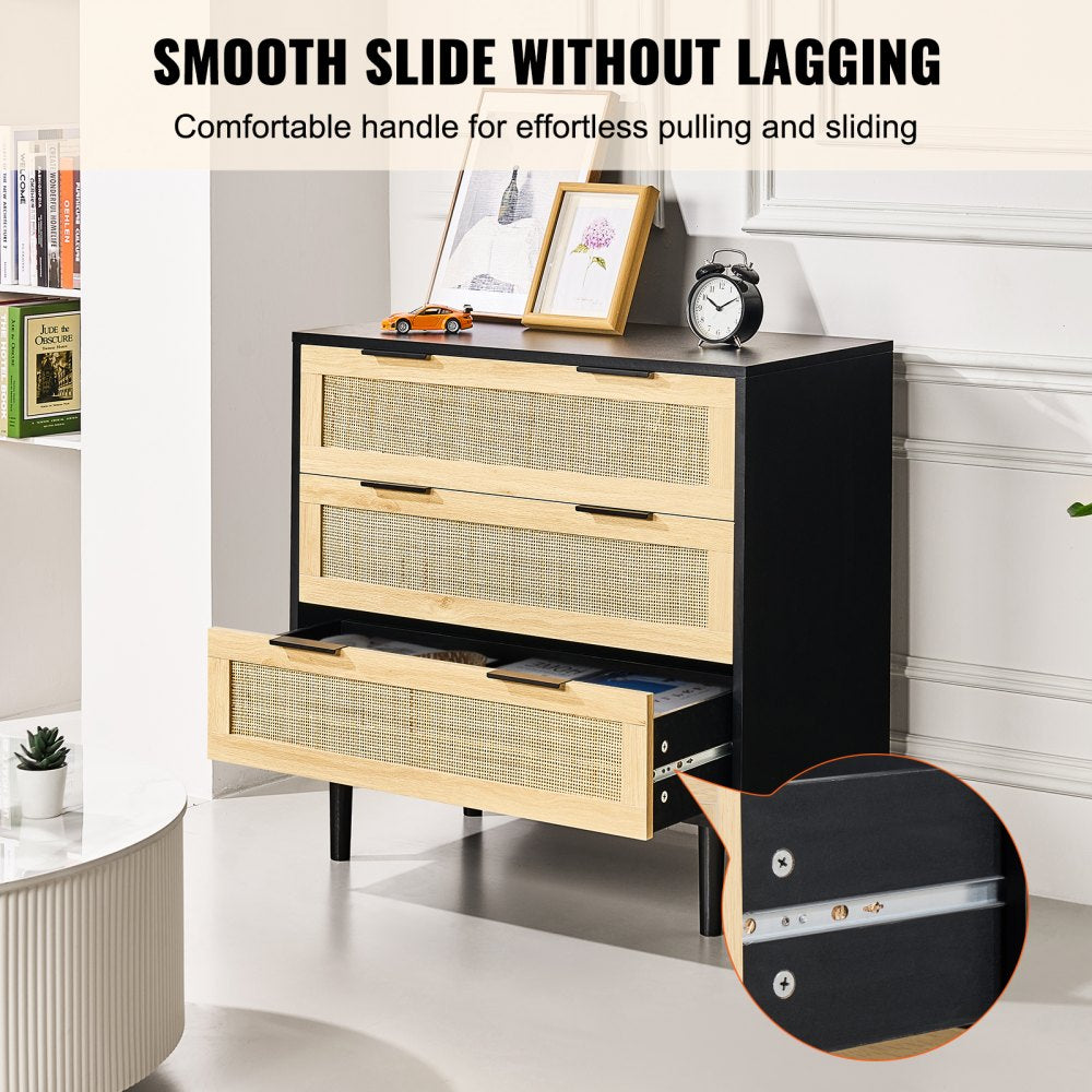 3 Drawer Rattan Dresser, Boho Dresser, Rattan Chest of Drawers with Spacious Storage, Natural Rattan Dresser for Bedroom, Living Room & Hallway,Rattan Nightstand with Sturdy Handles&Legs, Black