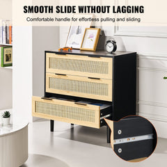 3 Drawer Rattan Dresser, Boho Dresser, Rattan Chest of Drawers with Spacious Storage, Natural Rattan Dresser for Bedroom, Living Room & Hallway,Rattan Nightstand with Sturdy Handles&Legs, Black
