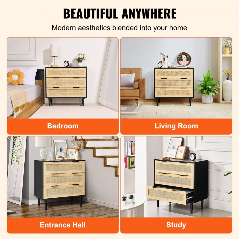 3 Drawer Rattan Dresser, Boho Dresser, Rattan Chest of Drawers with Spacious Storage, Natural Rattan Dresser for Bedroom, Living Room & Hallway,Rattan Nightstand with Sturdy Handles&Legs, Black