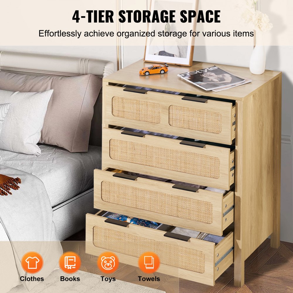 4 Drawer Rattan Dresser, Boho Dresser, Rattan Chest of Drawers with Spacious Storage, Natural Rattan Dresser for Bedroom, Living Room & Hallway,Rattan Nightstand with Sturdy Handles&Legs, Brown