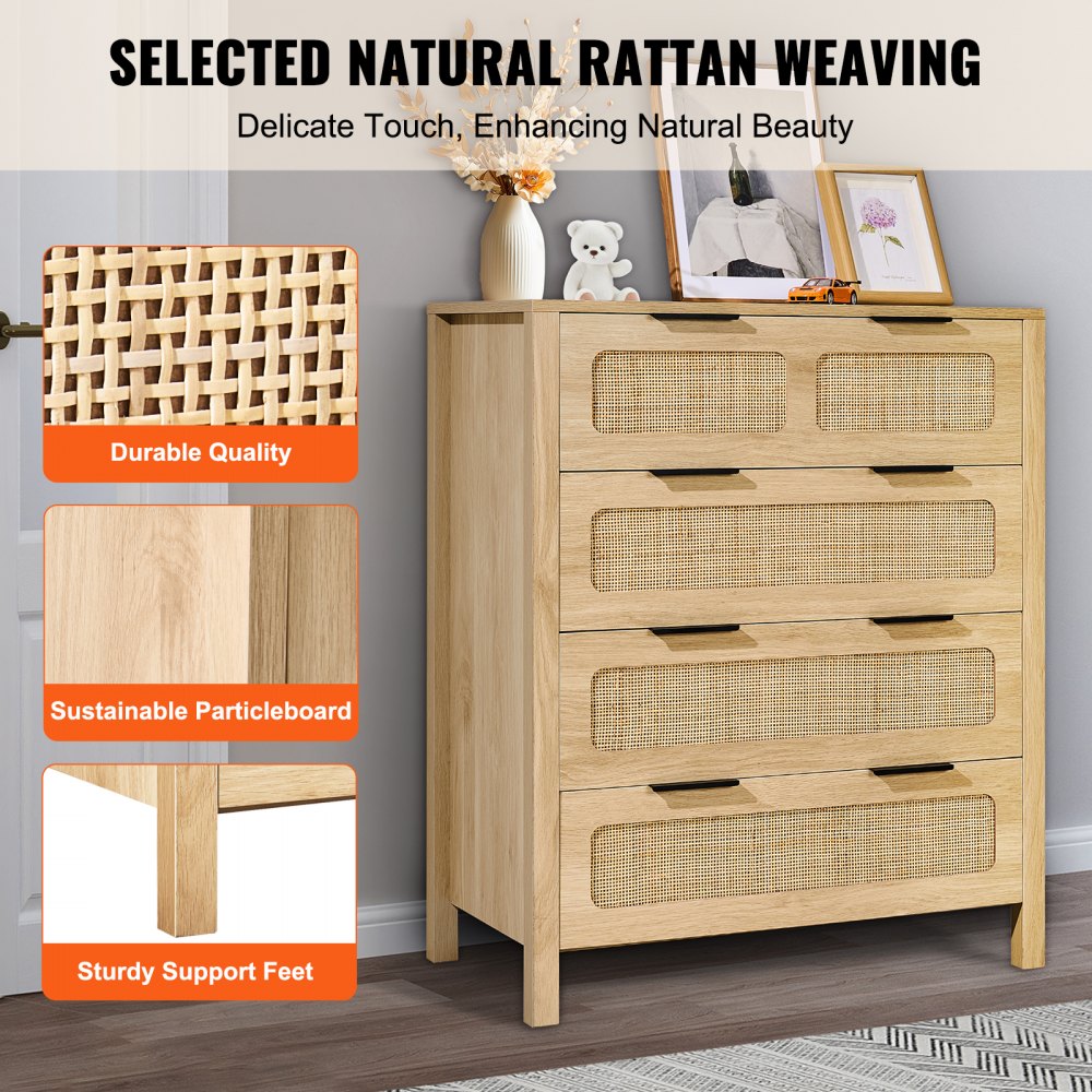 4 Drawer Rattan Dresser, Boho Dresser, Rattan Chest of Drawers with Spacious Storage, Natural Rattan Dresser for Bedroom, Living Room & Hallway,Rattan Nightstand with Sturdy Handles&Legs, Brown