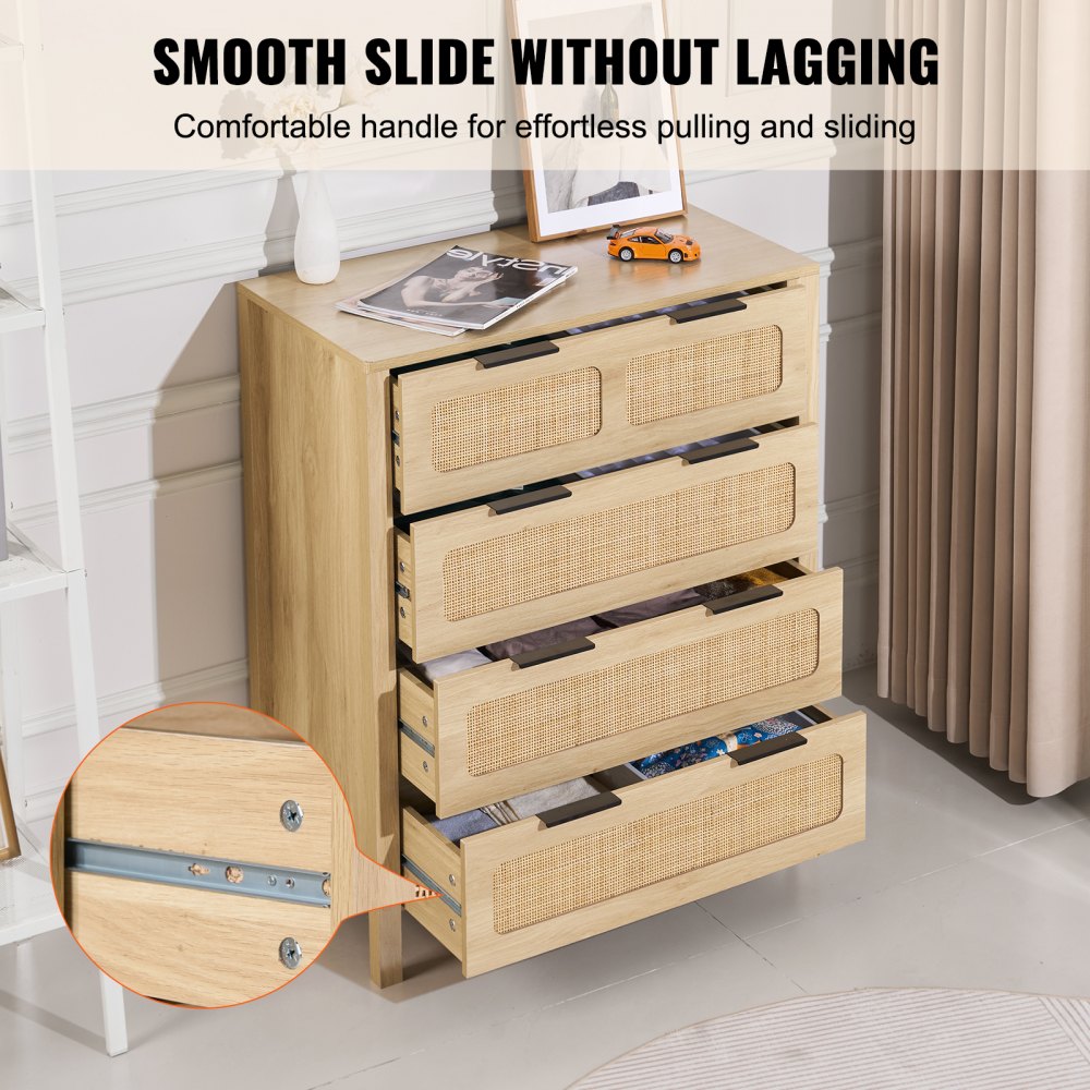 4 Drawer Rattan Dresser, Boho Dresser, Rattan Chest of Drawers with Spacious Storage, Natural Rattan Dresser for Bedroom, Living Room & Hallway,Rattan Nightstand with Sturdy Handles&Legs, Brown