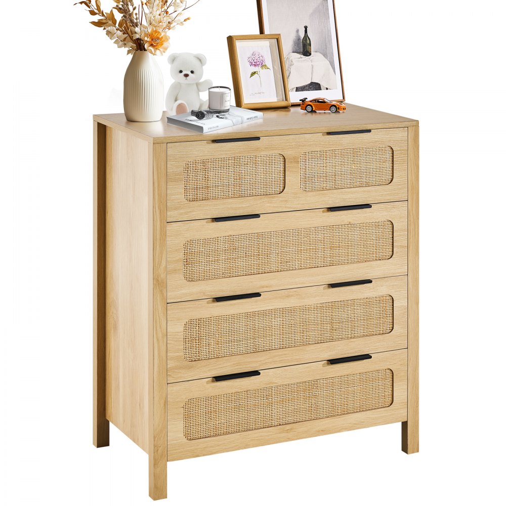 4 Drawer Rattan Dresser, Boho Dresser, Rattan Chest of Drawers with Spacious Storage, Natural Rattan Dresser for Bedroom, Living Room & Hallway,Rattan Nightstand with Sturdy Handles&Legs, Brown