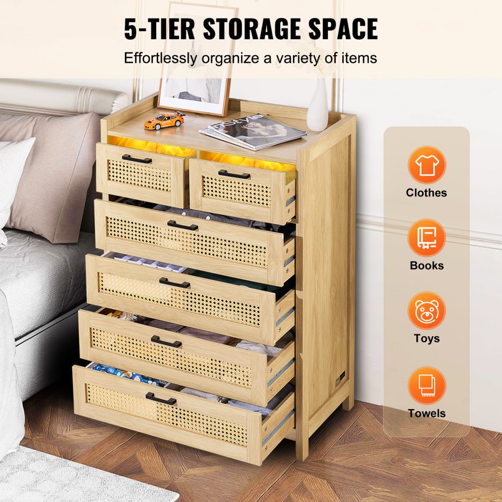 5 Drawer Rattan Dresser, Boho Dresser, Rattan Chest of Drawers with Spacious Storage, Natural Rattan Dresser for Bedroom, Living Room & Hallway,Rattan Nightstand with Sturdy Handles&Legs, Brown