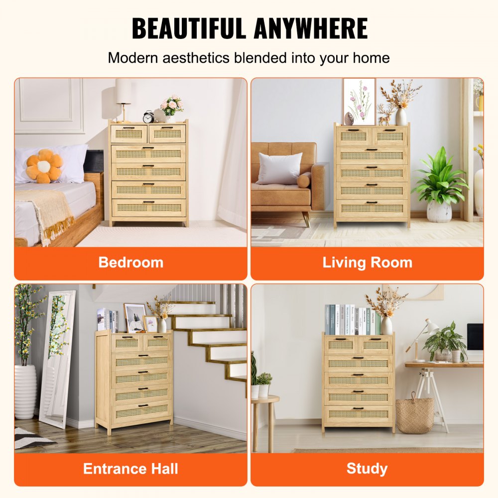 5 Drawer Rattan Dresser, Boho Dresser, Rattan Chest of Drawers with Spacious Storage, Natural Rattan Dresser for Bedroom, Living Room & Hallway,Rattan Nightstand with Sturdy Handles&Legs, Brown