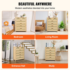 5 Drawer Rattan Dresser, Boho Dresser, Rattan Chest of Drawers with Spacious Storage, Natural Rattan Dresser for Bedroom, Living Room & Hallway,Rattan Nightstand with Sturdy Handles&Legs, Brown