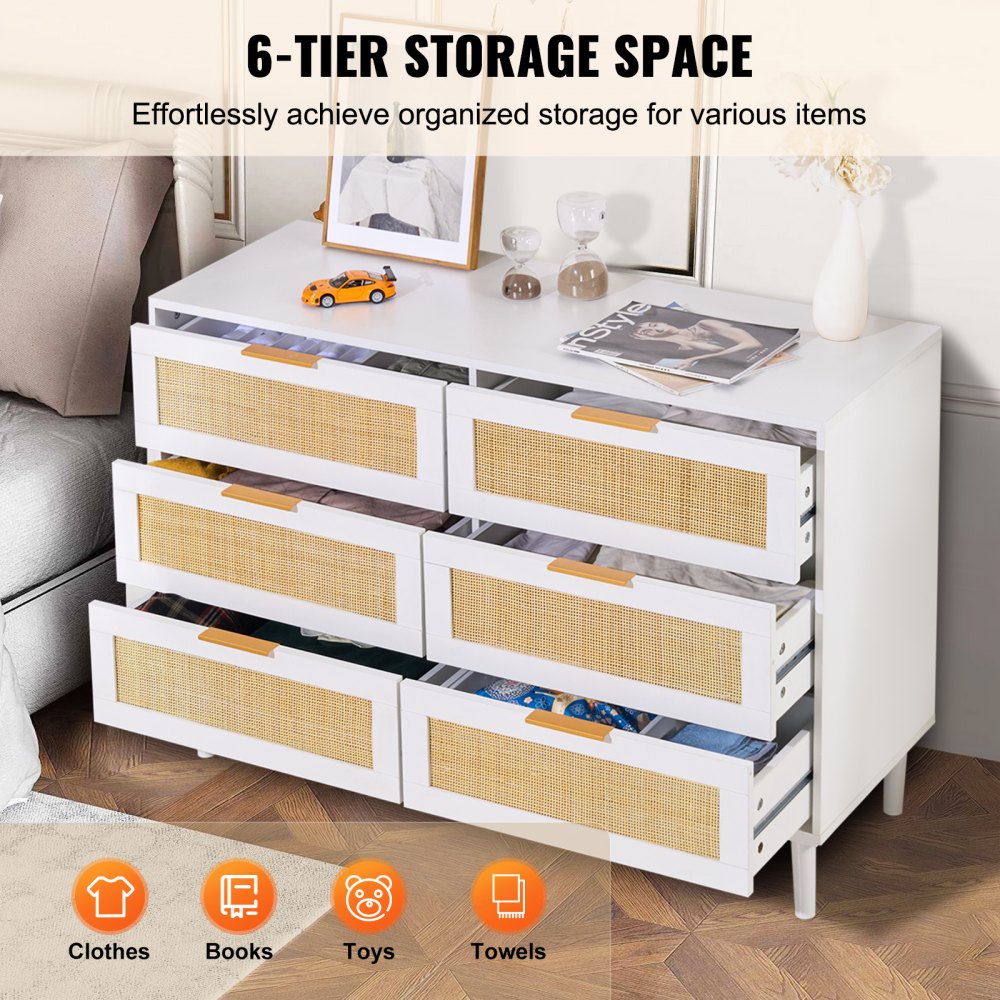 6 Drawer Rattan Dresser, Boho Dresser, Rattan Chest of Drawers with Spacious Storage, Natural Rattan Dresser for Bedroom, Living Room & Hallway,Rattan Nightstand with Sturdy Handles&Legs, White