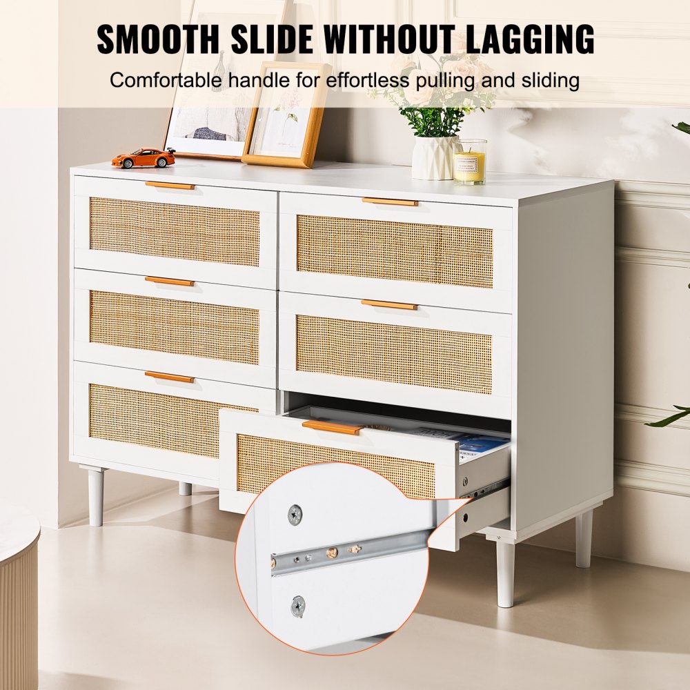 6 Drawer Rattan Dresser, Boho Dresser, Rattan Chest of Drawers with Spacious Storage, Natural Rattan Dresser for Bedroom, Living Room & Hallway,Rattan Nightstand with Sturdy Handles&Legs, White
