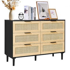6 Drawer Rattan Dresser, Boho Dresser, Rattan Chest of Drawers with Spacious Storage, Natural Rattan Dresser for Bedroom, Living Room & Hallway,Rattan Nightstand with Sturdy Handles&Legs, Black