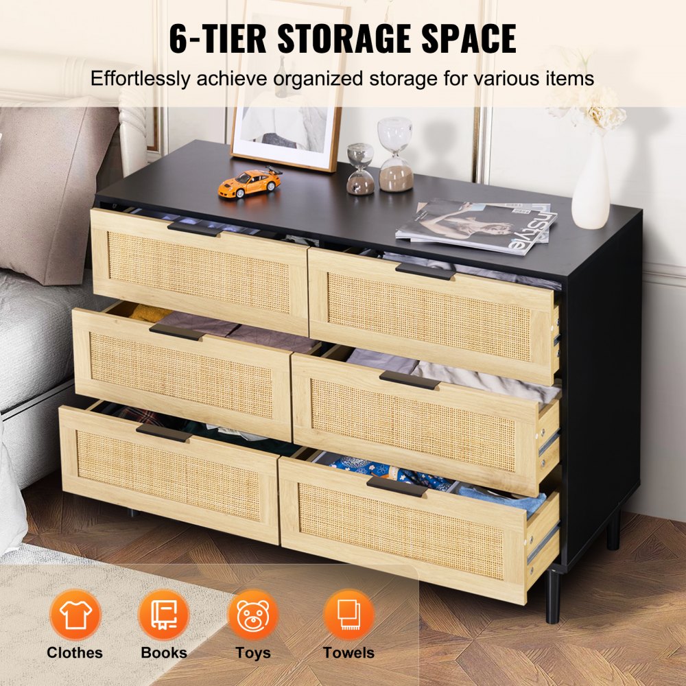 6 Drawer Rattan Dresser, Boho Dresser, Rattan Chest of Drawers with Spacious Storage, Natural Rattan Dresser for Bedroom, Living Room & Hallway,Rattan Nightstand with Sturdy Handles&Legs, Black