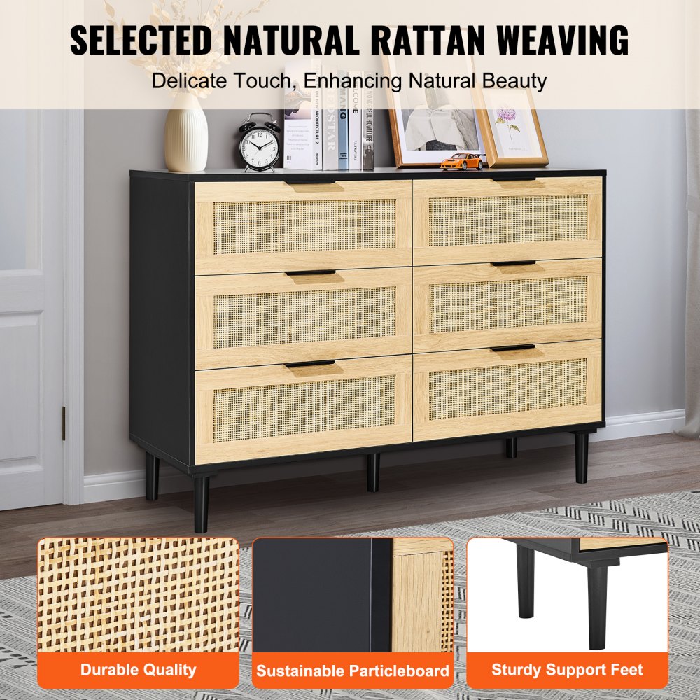 6 Drawer Rattan Dresser, Boho Dresser, Rattan Chest of Drawers with Spacious Storage, Natural Rattan Dresser for Bedroom, Living Room & Hallway,Rattan Nightstand with Sturdy Handles&Legs, Black