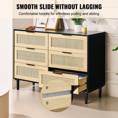 6 Drawer Rattan Dresser, Boho Dresser, Rattan Chest of Drawers with Spacious Storage, Natural Rattan Dresser for Bedroom, Living Room & Hallway,Rattan Nightstand with Sturdy Handles&Legs, Black