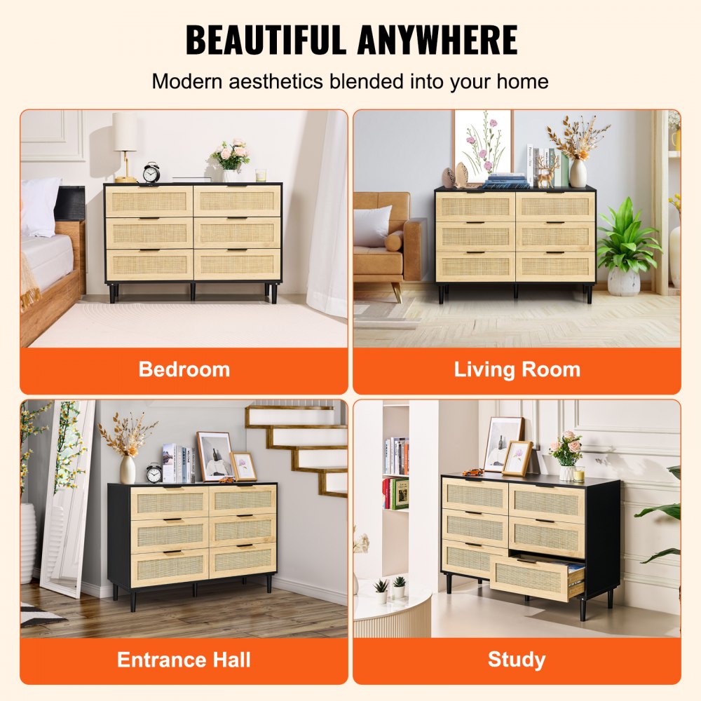 6 Drawer Rattan Dresser, Boho Dresser, Rattan Chest of Drawers with Spacious Storage, Natural Rattan Dresser for Bedroom, Living Room & Hallway,Rattan Nightstand with Sturdy Handles&Legs, Black