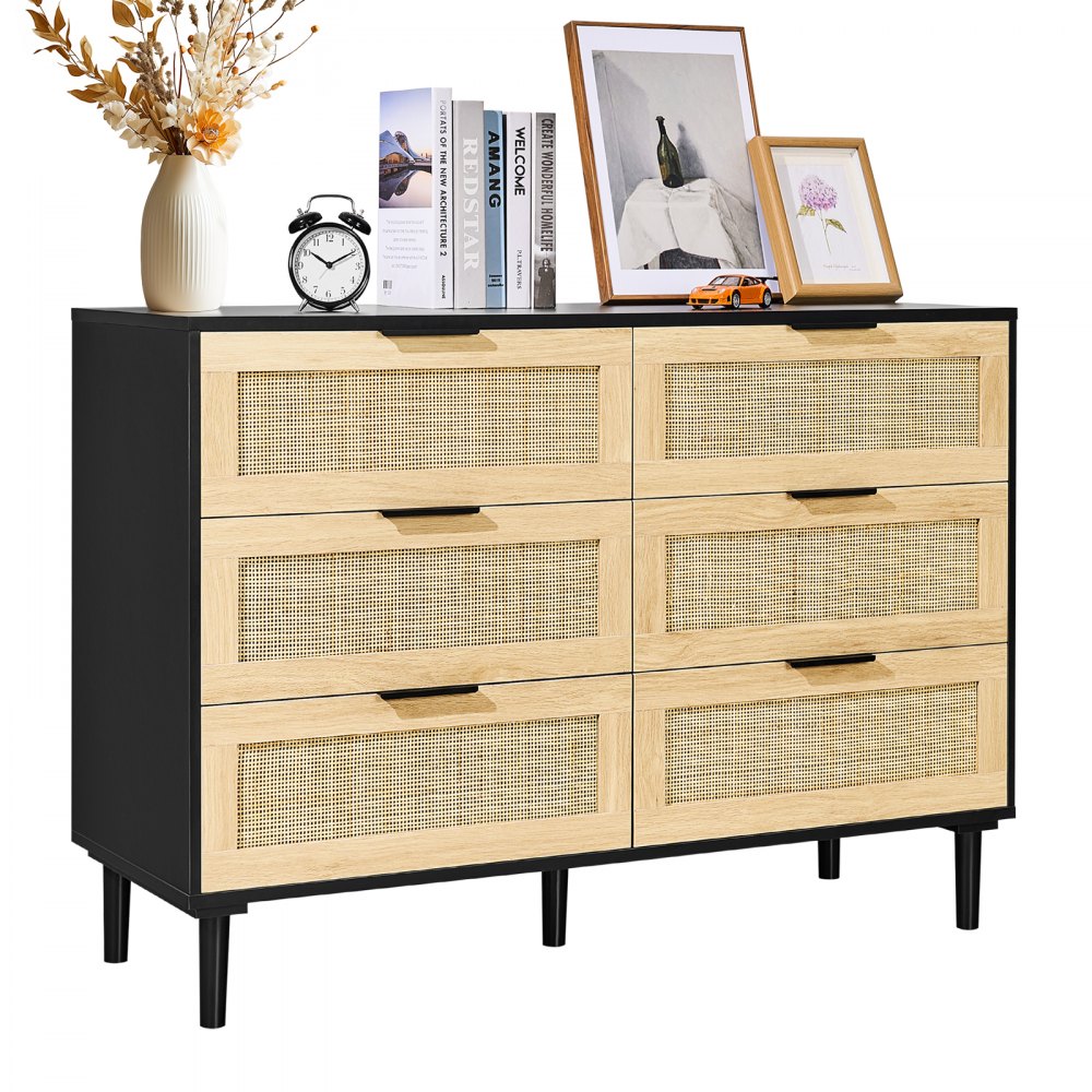 6 Drawer Rattan Dresser, Boho Dresser, Rattan Chest of Drawers with Spacious Storage, Natural Rattan Dresser for Bedroom, Living Room & Hallway,Rattan Nightstand with Sturdy Handles&Legs, Black