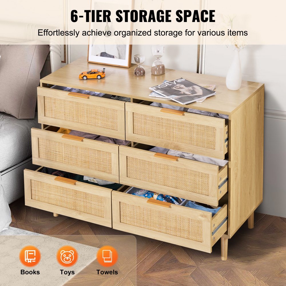 6 Drawer Rattan Dresser, Boho Dresser, Rattan Chest of Drawers with Spacious Storage, Natural Rattan Dresser for Bedroom, Living Room & Hallway,Rattan Nightstand with Sturdy Handles&Legs, Brown