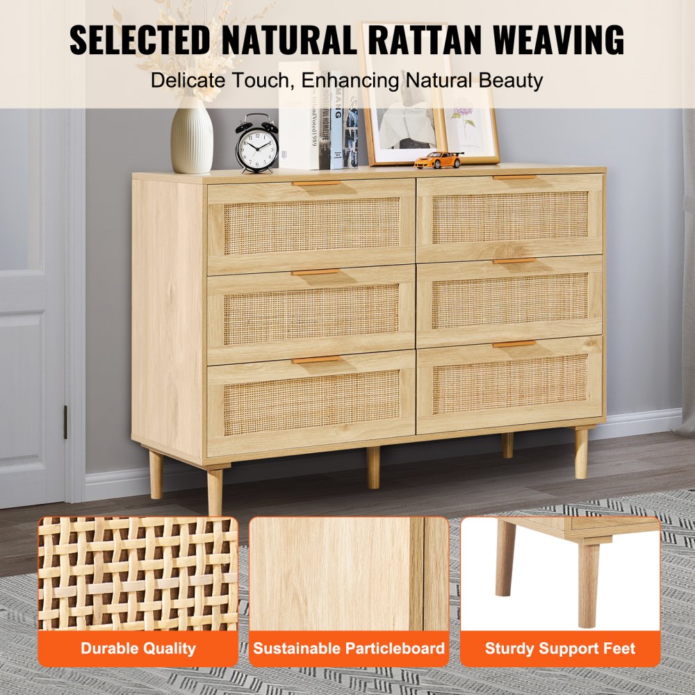 6 Drawer Rattan Dresser, Boho Dresser, Rattan Chest of Drawers with Spacious Storage, Natural Rattan Dresser for Bedroom, Living Room & Hallway,Rattan Nightstand with Sturdy Handles&Legs, Brown