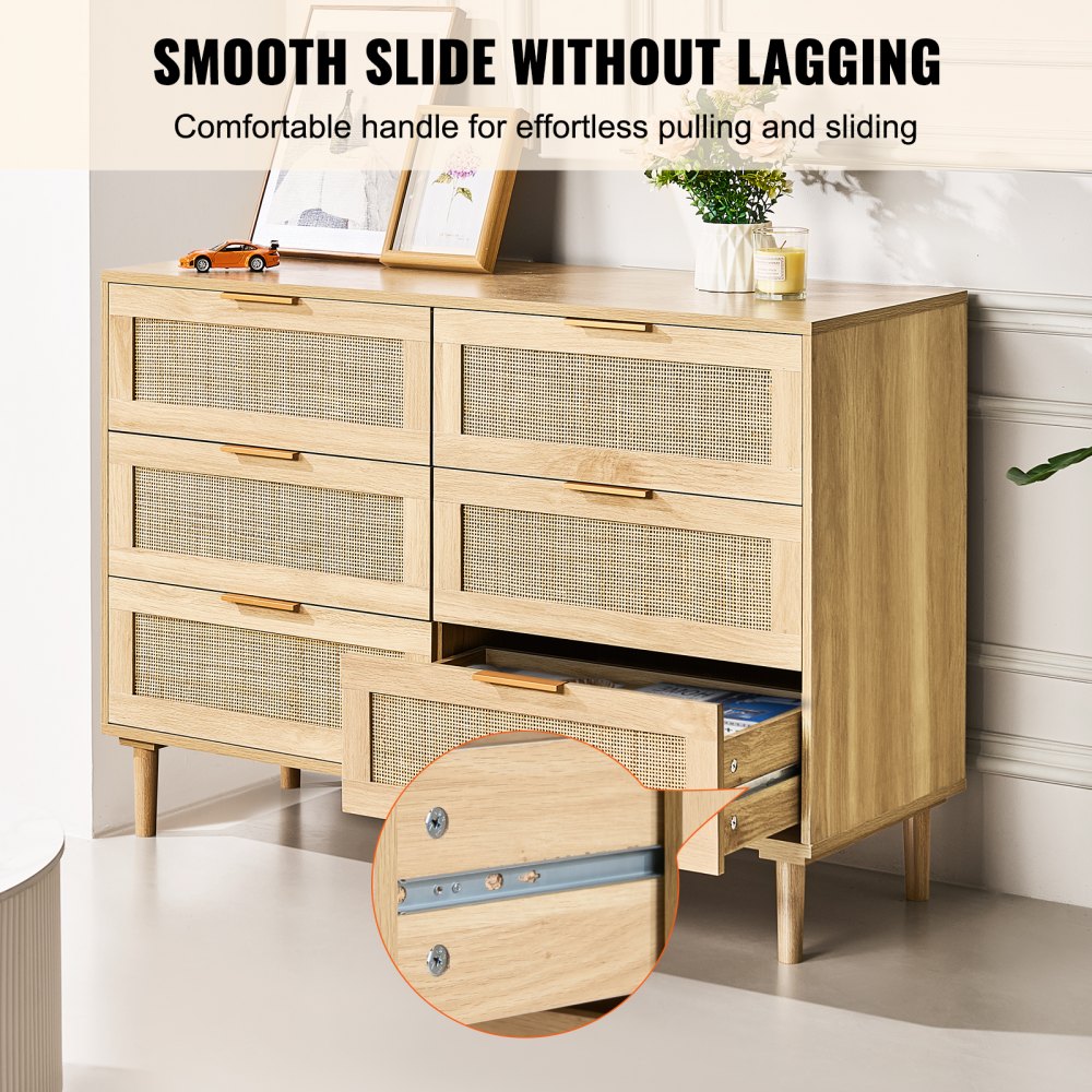 6 Drawer Rattan Dresser, Boho Dresser, Rattan Chest of Drawers with Spacious Storage, Natural Rattan Dresser for Bedroom, Living Room & Hallway,Rattan Nightstand with Sturdy Handles&Legs, Brown