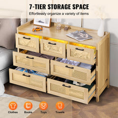 7 Drawer Rattan Dresser, Boho Dresser, Rattan Chest of Drawers with Spacious Storage, Natural Rattan Dresser for Bedroom, Living Room & Hallway,Rattan Nightstand with Sturdy Handles&Legs, Brown