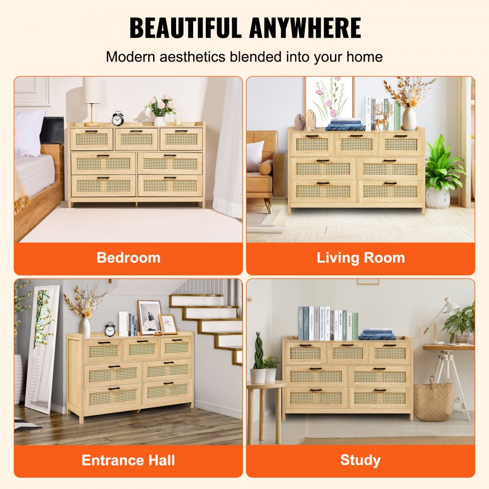 7 Drawer Rattan Dresser, Boho Dresser, Rattan Chest of Drawers with Spacious Storage, Natural Rattan Dresser for Bedroom, Living Room & Hallway,Rattan Nightstand with Sturdy Handles&Legs, Brown