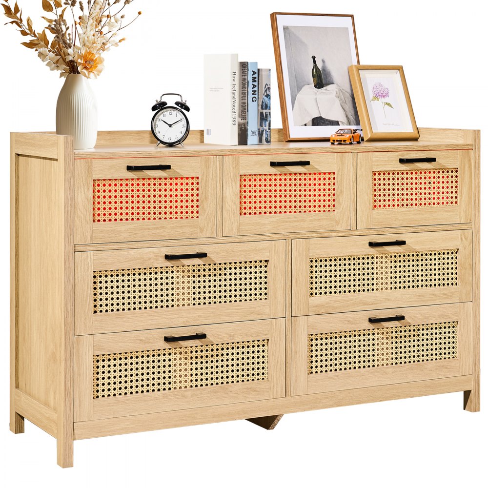 7 Drawer Rattan Dresser, Boho Dresser, Rattan Chest of Drawers with Spacious Storage, Natural Rattan Dresser for Bedroom, Living Room & Hallway,Rattan Nightstand with Sturdy Handles&Legs, Brown