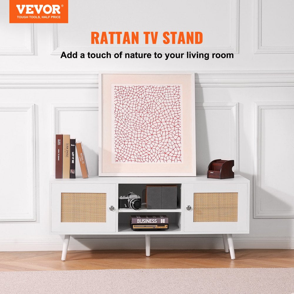 Rattan TV Stand, Boho TV Cabinet for 55 inch TV, Mid Century Modern TV Stand, Rattan TV Console with Adjustable Shelfs for  Living Room, Media Room, White