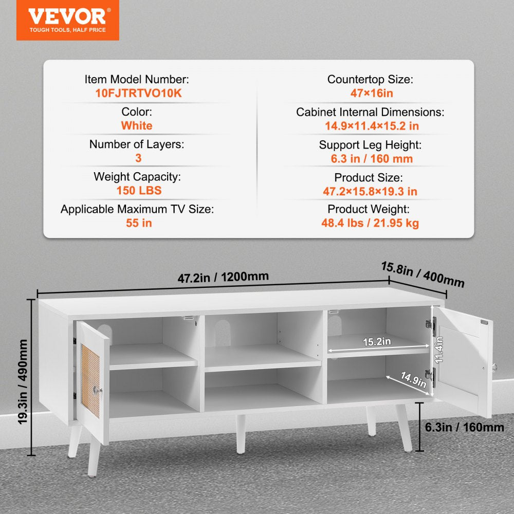 Rattan TV Stand, Boho TV Cabinet for 55 inch TV, Mid Century Modern TV Stand, Rattan TV Console with Adjustable Shelfs for  Living Room, Media Room, White
