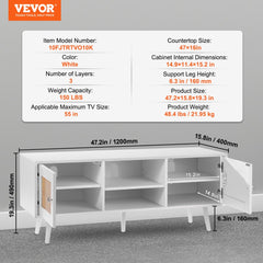 Rattan TV Stand, Boho TV Cabinet for 55 inch TV, Mid Century Modern TV Stand, Rattan TV Console with Adjustable Shelfs for  Living Room, Media Room, White