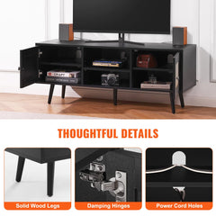 Rattan TV Stand, Boho TV Cabinet for 55 inch TV, Mid Century Modern TV Stand, Rattan TV Console with Adjustable Shelfs for  Living Room, Media Room, Black