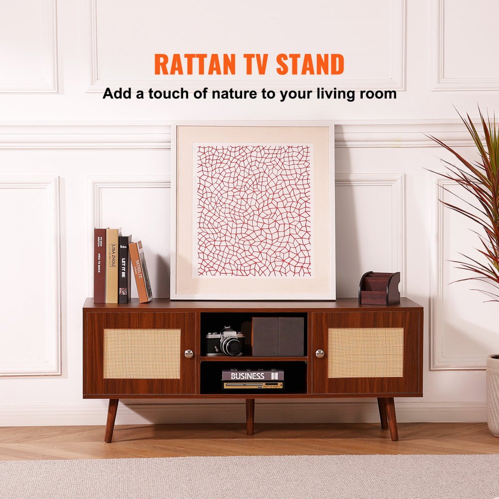 Rattan TV Stand, Boho TV Cabinet for 55 inch TV, Mid Century Modern TV Stand, Rattan TV Console with Adjustable Shelfs for  Living Room, Media Room, Walnut