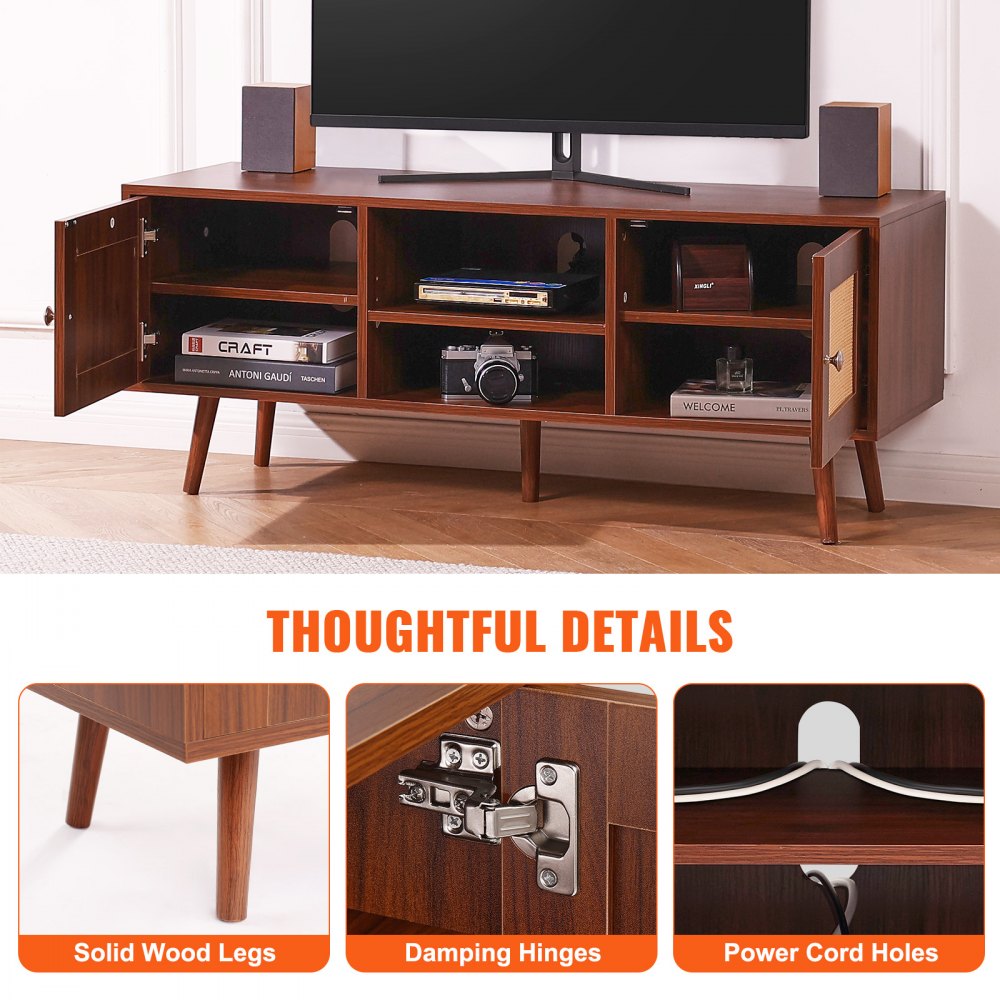 Rattan TV Stand, Boho TV Cabinet for 55 inch TV, Mid Century Modern TV Stand, Rattan TV Console with Adjustable Shelfs for  Living Room, Media Room, Walnut