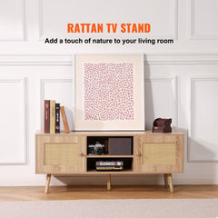 Rattan TV Stand, Boho TV Cabinet for 55 inch TV, Mid Century Modern TV Stand, Rattan TV Console with Adjustable Shelfs for  Living Room, Media Room, Oak