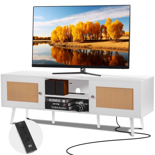 Rattan TV Stand for 65 inch TV, Boho TV Stand with Rattan Door, Entertainment Center with Build-in Socket and USB Ports, Modern TV Console for Living Room, Media Room, White