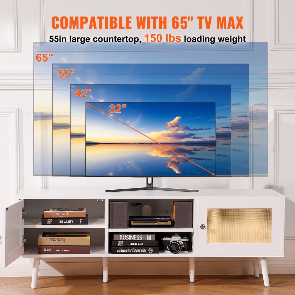Rattan TV Stand for 65 inch TV, Boho TV Stand with Rattan Door, Entertainment Center with Build-in Socket and USB Ports, Modern TV Console for Living Room, Media Room, White