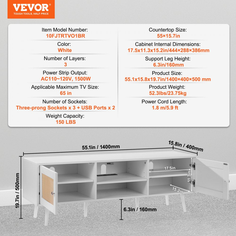 Rattan TV Stand for 65 inch TV, Boho TV Stand with Rattan Door, Entertainment Center with Build-in Socket and USB Ports, Modern TV Console for Living Room, Media Room, White