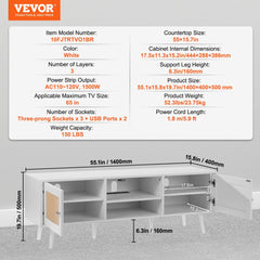 Rattan TV Stand for 65 inch TV, Boho TV Stand with Rattan Door, Entertainment Center with Build-in Socket and USB Ports, Modern TV Console for Living Room, Media Room, White