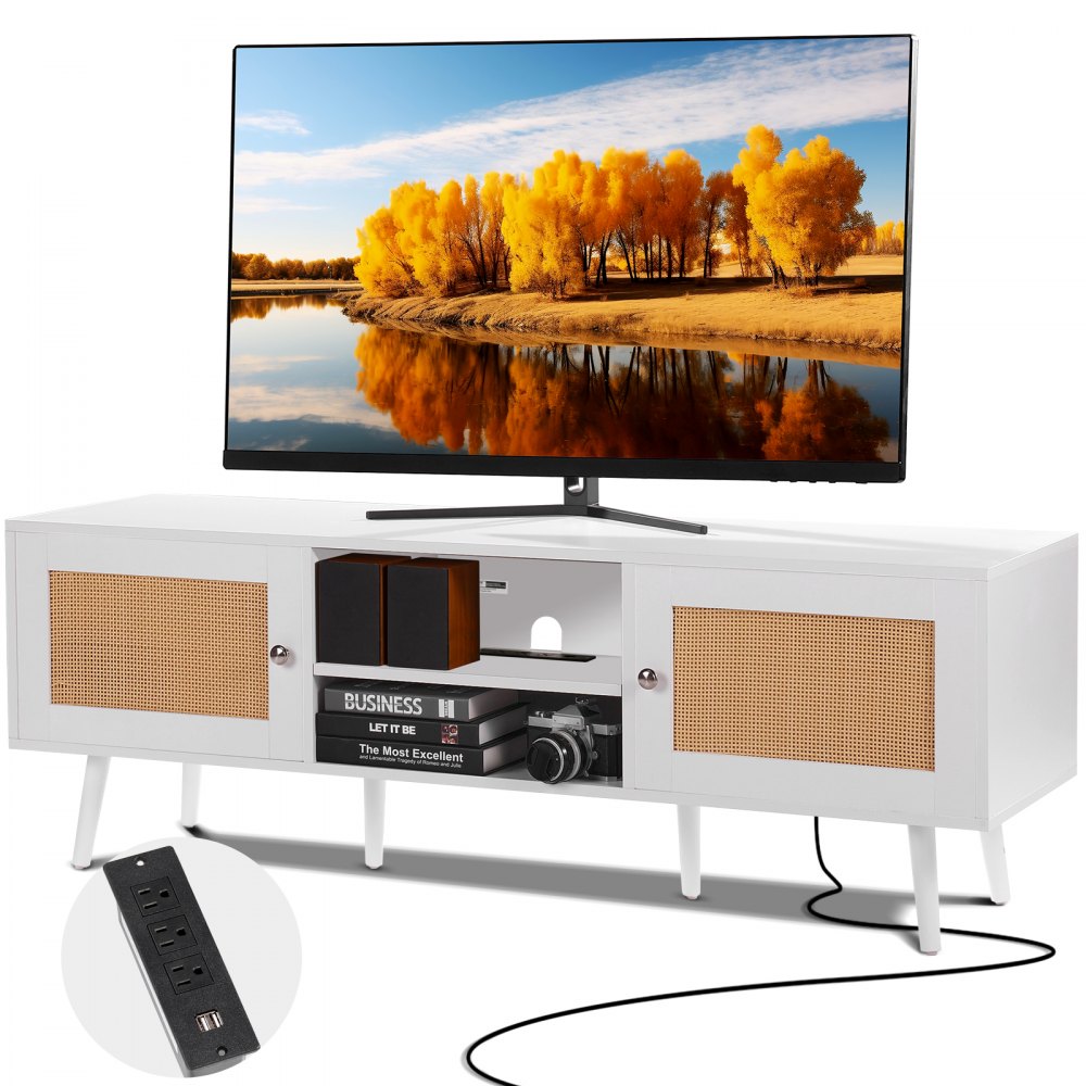 Rattan TV Stand for 65 inch TV, Boho TV Stand with Rattan Door, Entertainment Center with Build-in Socket and USB Ports, Modern TV Console for Living Room, Media Room, White