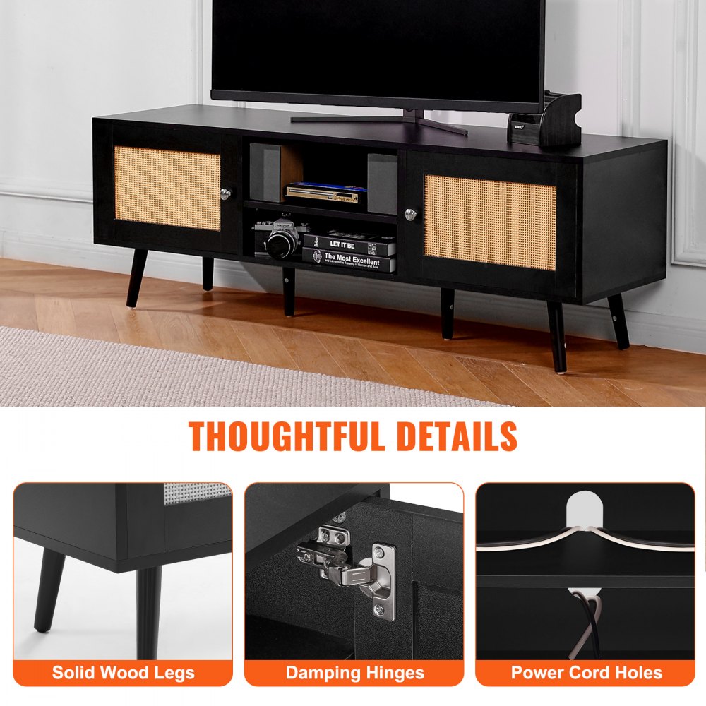 Rattan TV Stand for 65 inch TV, Boho TV Stand with Rattan Door, Entertainment Center with Build-in Socket and USB Ports, Modern TV Console for Living Room, Media Room, Black