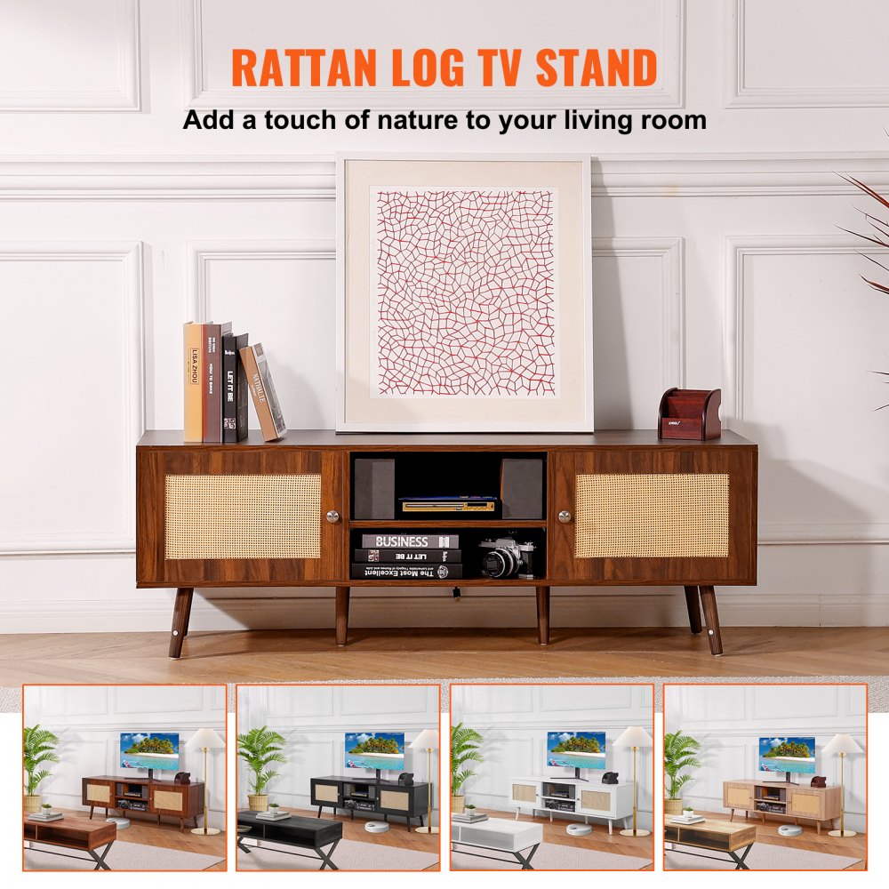 Rattan TV Stand, Mid Century Modern TV Stand for 65 inch TV, Boho Rattan TV Cabinet with Build-in Socket and USB Ports, Adjustable Shelfs for Living Room, Media Room, Walnut