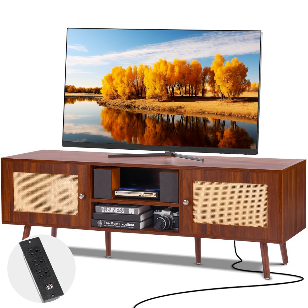 Rattan TV Stand, Mid Century Modern TV Stand for 65 inch TV, Boho Rattan TV Cabinet with Build-in Socket and USB Ports, Adjustable Shelfs for Living Room, Media Room, Walnut