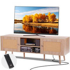 Rattan TV Stand, Mid Century Modern TV Stand for 65 inch TV, Boho Rattan TV Cabinet with Build-in Socket and USB Ports, Adjustable Shelfs for Living Room, Media Room, Oak
