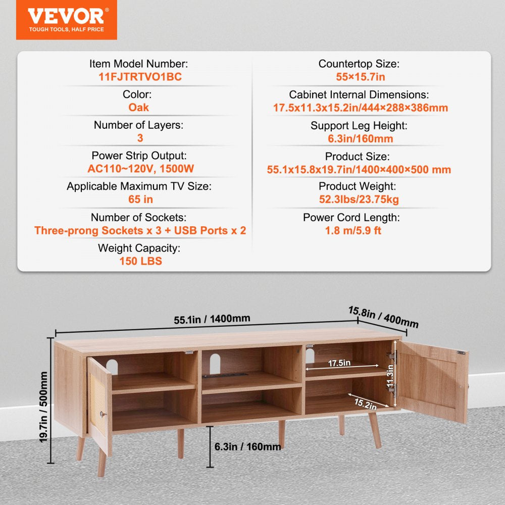 Rattan TV Stand, Mid Century Modern TV Stand for 65 inch TV, Boho Rattan TV Cabinet with Build-in Socket and USB Ports, Adjustable Shelfs for Living Room, Media Room, Oak