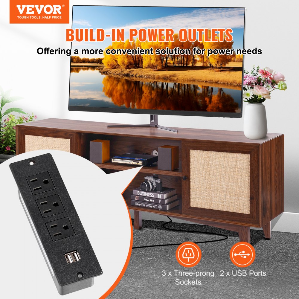 Rattan TV Stand for 75in TV, Boho TV Stand with Rattan Door, Entertainment Center with Build-in Socket, Storage Cabinet with 2 Shelves, Modern TV Console for Living Room, Media Room, Walnut
