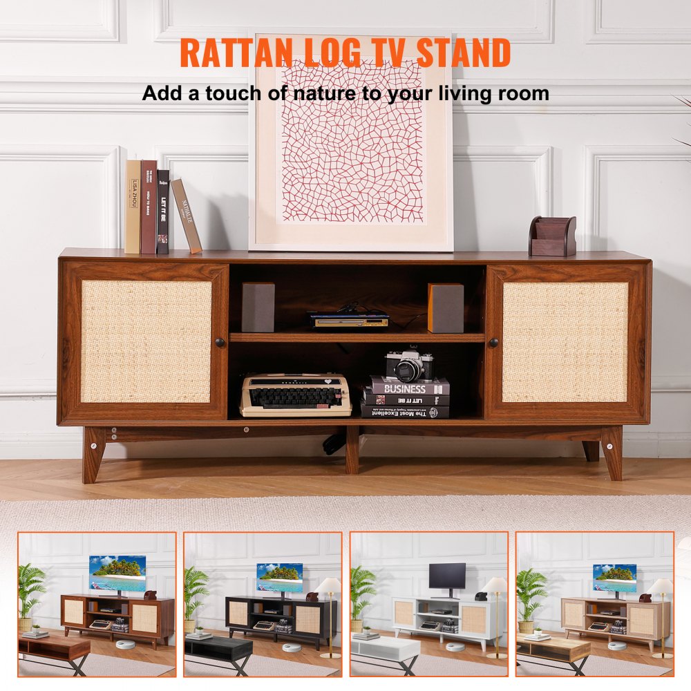 Rattan TV Stand for 75in TV, Boho TV Stand with Rattan Door, Entertainment Center with Build-in Socket, Storage Cabinet with 2 Shelves, Modern TV Console for Living Room, Media Room, Walnut