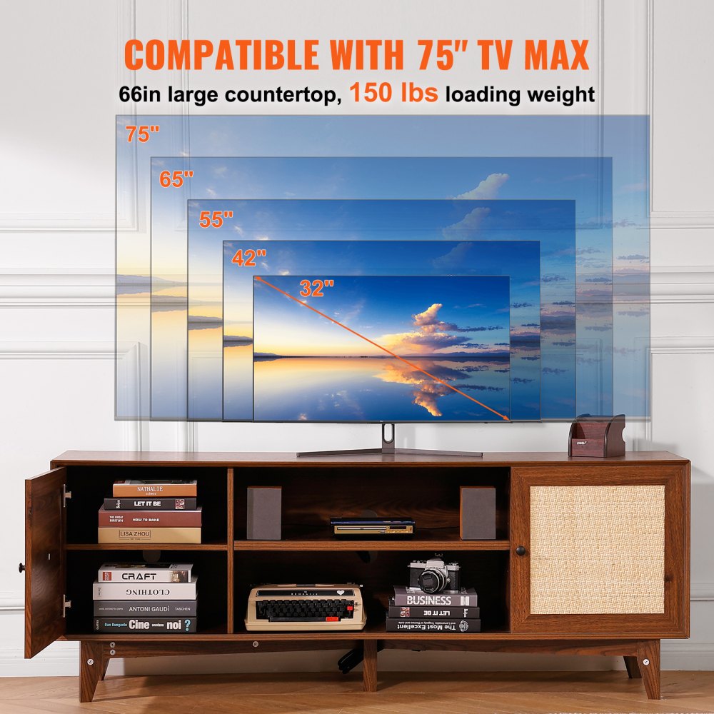 Rattan TV Stand for 75in TV, Boho TV Stand with Rattan Door, Entertainment Center with Build-in Socket, Storage Cabinet with 2 Shelves, Modern TV Console for Living Room, Media Room, Walnut