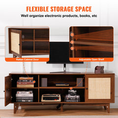 Rattan TV Stand for 75in TV, Boho TV Stand with Rattan Door, Entertainment Center with Build-in Socket, Storage Cabinet with 2 Shelves, Modern TV Console for Living Room, Media Room, Walnut