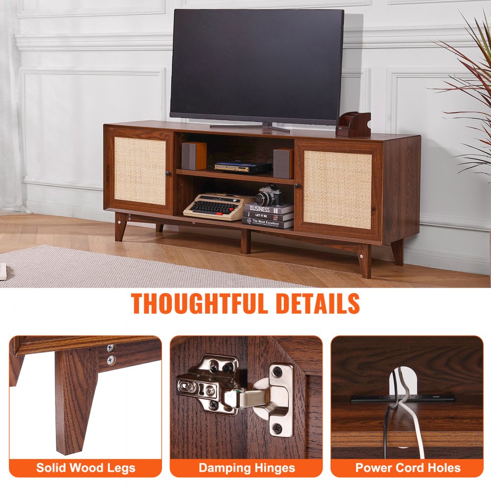 Rattan TV Stand for 75in TV, Boho TV Stand with Rattan Door, Entertainment Center with Build-in Socket, Storage Cabinet with 2 Shelves, Modern TV Console for Living Room, Media Room, Walnut