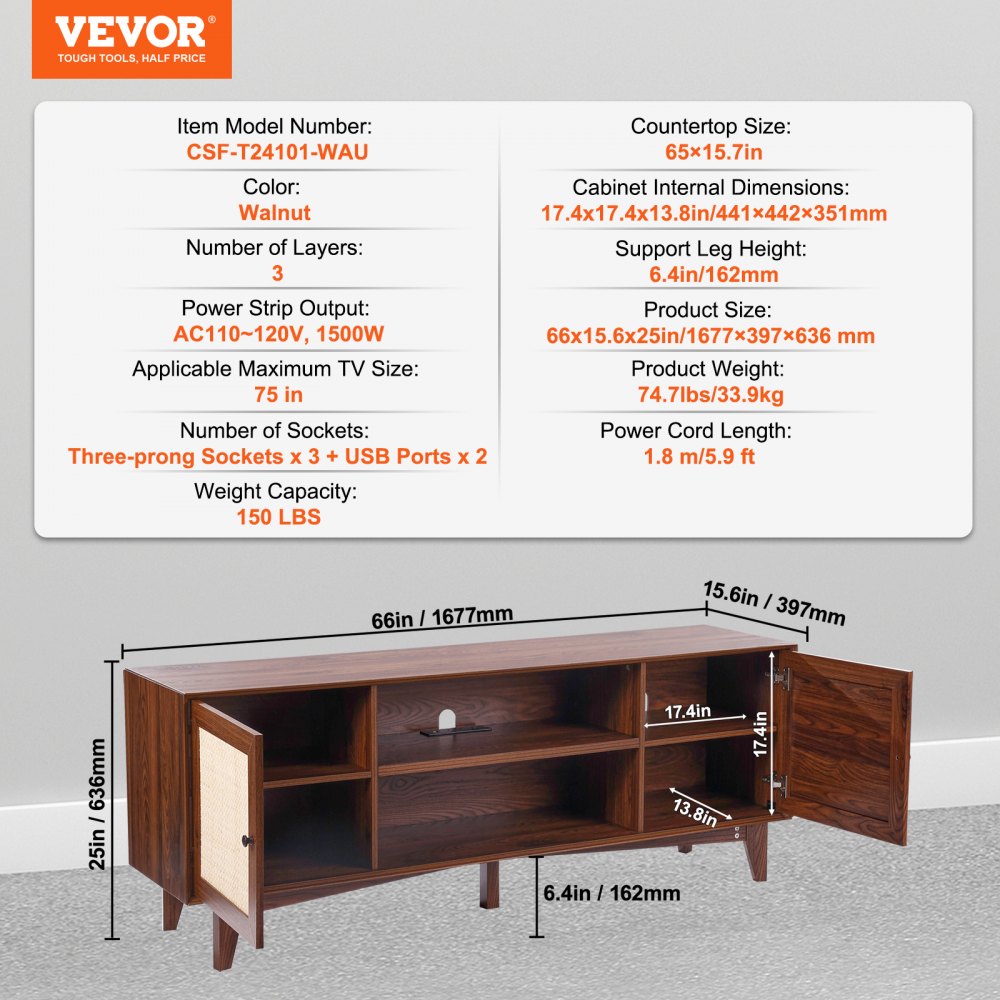 Rattan TV Stand for 75in TV, Boho TV Stand with Rattan Door, Entertainment Center with Build-in Socket, Storage Cabinet with 2 Shelves, Modern TV Console for Living Room, Media Room, Walnut